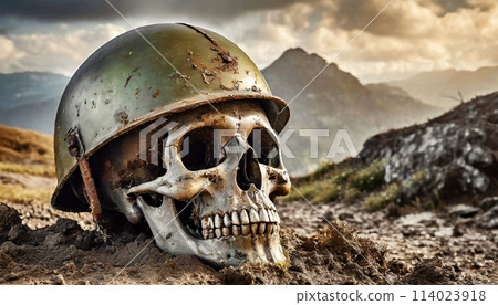 Human Skull with Army Helmet in a Muddy Trench - Generative Ai Human Skull with Army Helmet in a Muddy Trench - Generative Ai 114023918