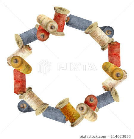 Hand drawn watercolor illustration sewing embroidery stitching supplies. Thread bobbins spools skeins yarn, red indigo beige. Frame wreath isolated white background. Design atelier, tailor, hobby shop Hand drawn watercolor illustration sewing embroidery stitching supplies. Thread bobbins spools skeins yarn, red indigo beige. Frame wreath isolated white background. Design atelier, tailor, hobby shop 114023933