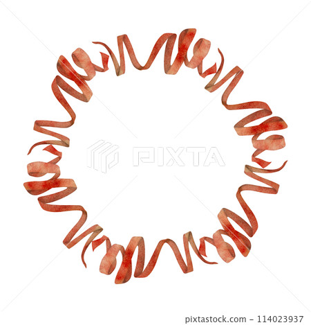 Hand drawn watercolor illustration sewing craft embroidery supplies. Red textile ribbon serpentine streamer swirl. Frame wreath isolated on white background. Design atelier, tailor, hobby shop, decor 114023937