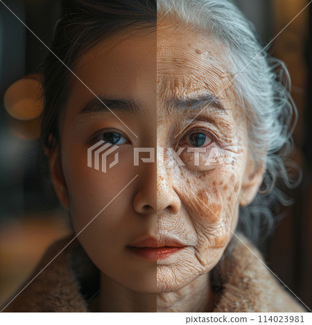 年輕的亞洲女人臉和老臉 年輕的亞洲女人臉和老臉 114023981