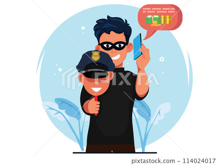 Scammers impersonate police to defraud and transfer victims' money into their personal accounts. Vector illustration 114024017