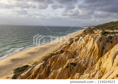 A beautiful beach with a rocky cliff in the background 114024023