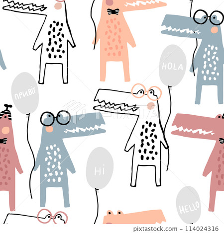 Seamless childish pattern with funny hand drawn crocodiles with balloons Creative scandinavian style kids texture for fabric, wrapping, textile, wallpaper, apparel. Vector illustration Seamless childish pattern with funny hand drawn crocodiles with balloons Creative scandinavian style kids texture for fabric, wrapping, textile, wallpaper, apparel. Vector illustration 114024316