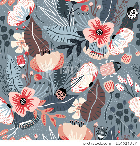 Seamless floral pattern. Blooming flower texture with different type of flowers, branches, bugs. Great for fabric, textile vector illustration. Seamless floral pattern. Blooming flower texture with different type of flowers, branches, bugs. Great for fabric, textile vector illustration. 114024317