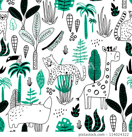 Seamless childish jungle pattern with leopard, giraffe, toucan, rhinoceros and jungle florals. Perfect for fabric,textile. Creative Vector background Seamless childish jungle pattern with leopard, giraffe, toucan, rhinoceros and jungle florals. Perfect for fabric,textile. Creative Vector background 114024322