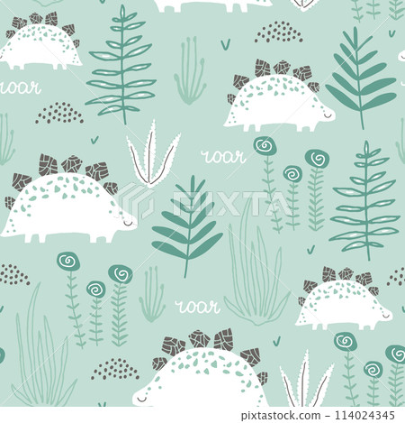 Childish seamless pattern with stegosaurus and jungle flora. Creative vector childish background for fabric, textile 114024345