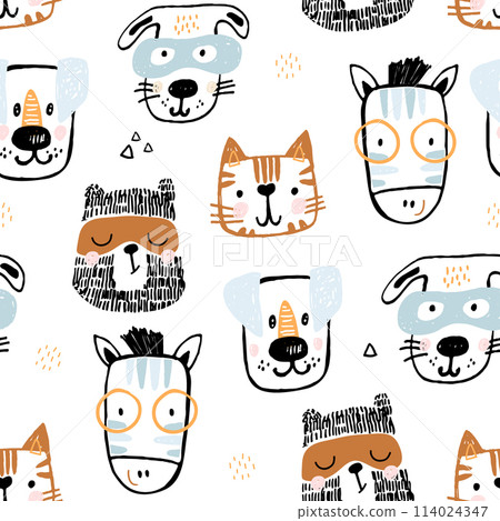 Childish seamless pattern with hand drawn animal faces . Trendy monochrome vector background. Perfect for kids apparel,fabric, textile, nursery decoration,wrapping paper 114024347