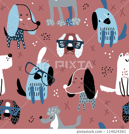 Childish seamless pattern with hand drawn dogs. Trendy scandinavian vector background. Perfect for kids apparel,fabric, textile, nursery decoration,wrapping paper Childish seamless pattern with hand drawn dogs. Trendy scandinavian vector background. Perfect for kids apparel,fabric, textile, nursery decoration,wrapping paper 114024361