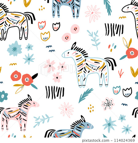 Seamless childish pattern with colorful zebras, hand drawn flowers and textures. Perfect for fabric,textile. Creative Vector background 114024369