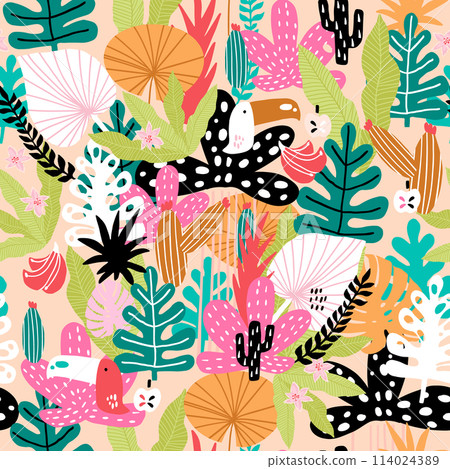 Seamless jungle pattern with toucans, colorful leaves, cactuses and hand drawn textures. Perfect for fabric,textile. Creative Vector background Seamless jungle pattern with toucans, colorful leaves, cactuses and hand drawn textures. Perfect for fabric,textile. Creative Vector background 114024389