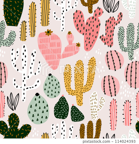 Seamless pattern with colorful cactuses and hand drawn textures. Perfect for fabric,textile. Creative Vector background 114024393