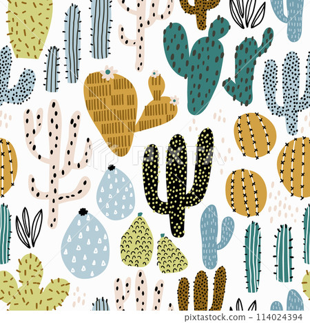 Seamless pattern with colorful cactuses and hand drawn textures. Perfect for fabric,textile. Creative Vector background 114024394