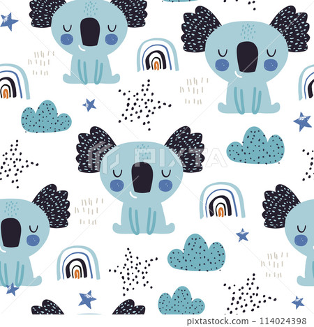 Seamless childish pattern with cute koala baby . Creative scandinavian kids texture for fabric, wrapping, textile, wallpaper, apparel. Vector illustration 114024398