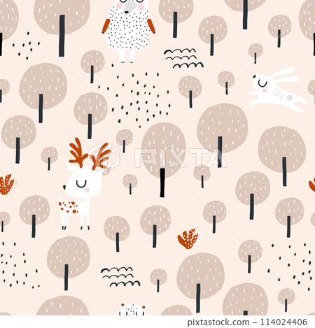 Seamless worest pattern with deer, bear, rabbit. Creative forest texture for fabric, wrapping, textile, wallpaper, apparel. Vector illustration 114024406