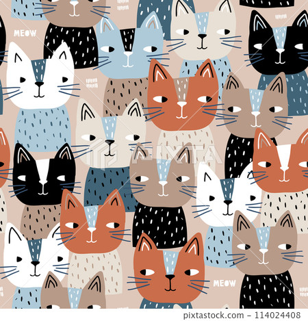 Semless trendy pattern with cute cats. Scandinaviann style childish texture for fabric, textile, apparel, nursery decoration. Vector illustration 114024408