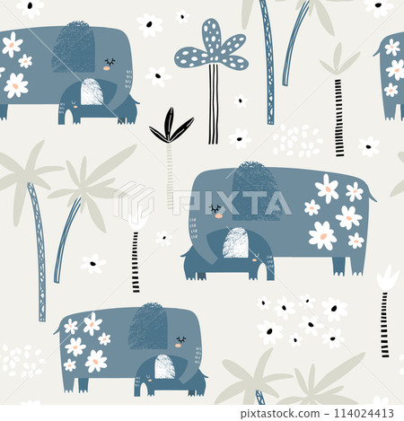 Seamless pattern with cute mom and baby elephant, palm trees and flowers. Creative jungle childish texture. Great for fabric, textile Vector Illustration 114024413
