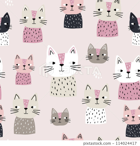 Semless pattern with cute cats. Scandinaviann style childish texture for fabric, textile, apparel, nursery decoration. Vector illustration 114024417