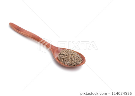 dry zira seeds spice in the spoon isolated on the white dry zira seeds spice in the spoon isolated on the white 114024556