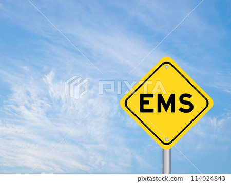Yellow transportation sign with word EMS (abbreviation of emergency medical services or express mail service) on blue color sky background 114024843