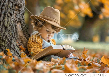 Cute child reading book under tree in autumn park. Concept of imagination, childhood, and fall season. 114024912
