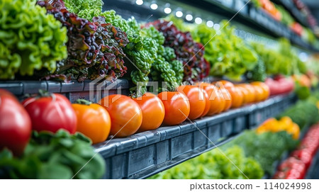 Fresh Produce. Colorful Tomato and Lettuce Varieties on Display in Supermarket Fresh Produce. Colorful Tomato and Lettuce Varieties on Display in Supermarket 114024998