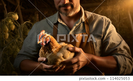 Male Farmer Holding a Beautiful Chicken in a Chicken Coop - Generative Ai 114025053