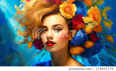 Portrait of a Beautiful Young Woman with Flowers over Head - Generative Ai 114025174