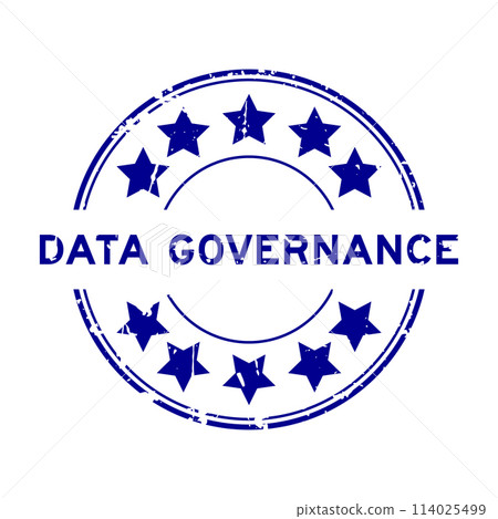 Grunge blue word data governance with star icon round rubber seal stamp on white background 114025499