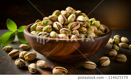 Wooden Bowl Full of Roasted and Salted Pistachios - Generative Ai 114025579