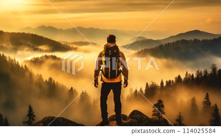 Young Male Hiker Admires a Beautiful Mountain Landscape - Generative Ai 114025584