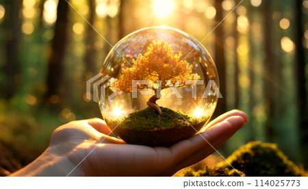 Hand Holding Glass Globe with a Maple Bonsai Tree Inside - Generative Ai 114025773