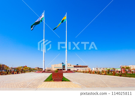 Karakalpakstan and Uzbekistan flags in Nukus Karakalpakstan and Uzbekistan flags in Nukus 114025811