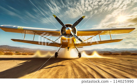 Small Private Propeller Airplane Taking off in a Desert Area - Generative Ai 114025990