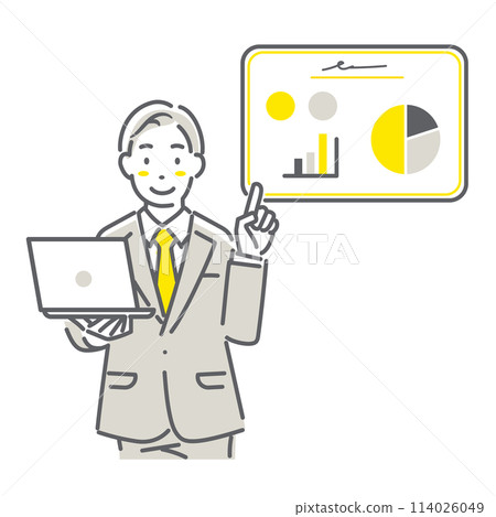 A simple and stylish line drawing of a male employee giving a presentation 114026049