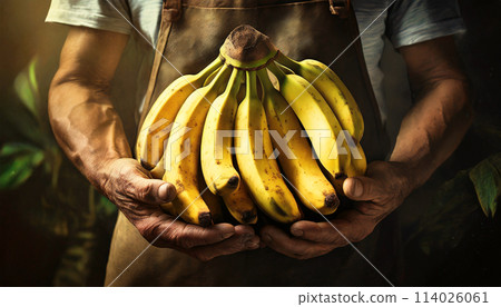 Wrinkled Hands of a Farmer Holding a Bunch of Ripe Bananas - Generative Ai 114026061