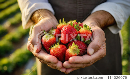 Hands of a Farmer Holding Fresh Strawberries - Generative Ai 114026076