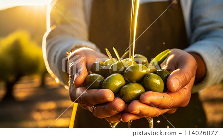 Hands of a Farmer with Green Olives and Olive Oil - Generative Ai 114026077