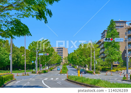 Looking northwest from the Wakabadai Station West intersection in Wakabadai 2-chome, Inagi City, Tokyo in spring toward 3-chome 114026289