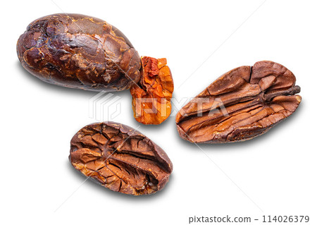 Top view of dry roasted cacao nibs isolated on white background. Top view of dry roasted cacao nibs isolated on white background. 114026379