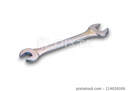 High angle view of open-ended wrench or spanner isolated on white background. 114026389