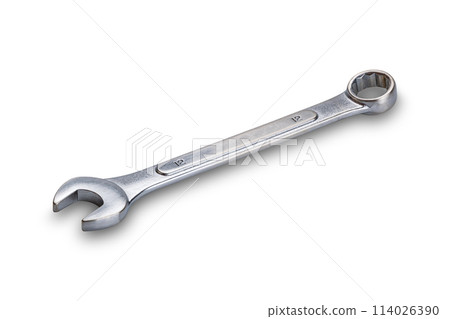 High angle view of single combination wrench or spanner isolated on white background. 114026390