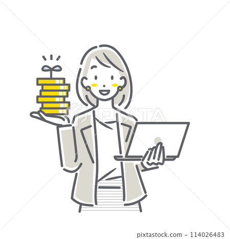 A simple and stylish line drawing of a female financial planner who supports asset management A simple and stylish line drawing of a female financial planner who supports asset management 114026483