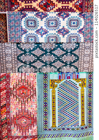 traditional Arab Uzbek carpets at oriental bazaar in Tashkent in Uzbekistan in close-up 114026517