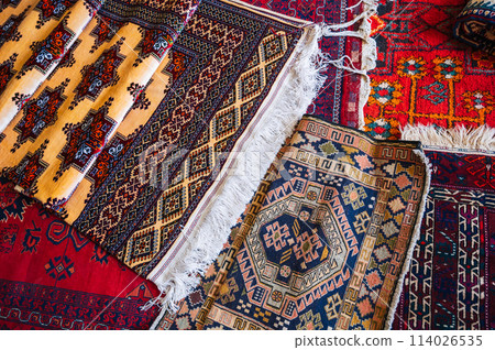 traditional oriental Arab Turkish handmade colorful carpets at bazaar in Turkey in Istanbul traditional oriental Arab Turkish handmade colorful carpets at bazaar in Turkey in Istanbul 114026535