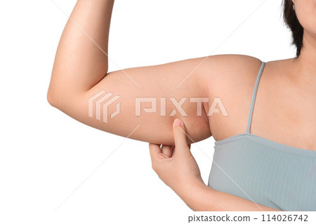 Chubby woman hand holding arm fat, Women diet lifestyle concept, Isolated on white background. 114026742