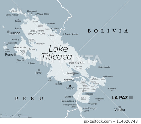 Lake Titicaca, gray political map. Large freshwater lake in the Andes mountains on the border of Bolivia and Peru. Often called highest navigable lake in the World, and largest lake in South America. 114026748