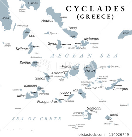 Cyclades, group of Greek islands in the Aegean Sea, gray political map. Southeast of mainland Greece. Cyclades means encircling referring to the circle the islands form around the sacred island Delos. Cyclades, group of Greek islands in the Aegean Sea, gray political map. Southeast of mainland Greece. Cyclades means encircling referring to the circle the islands form around the sacred island Delos. 114026749