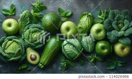 Assortment of fresh green vegetables and fruits on dark background 114026966