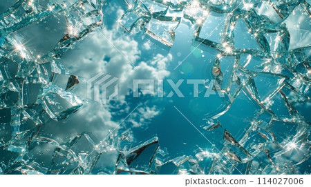 Shattered glass with sky reflection 114027006