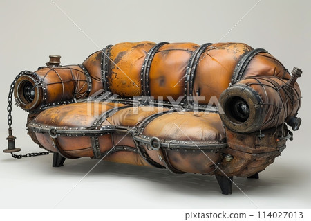 sofa made of vintage scuba diving gears, surrealism, creative furniture design 114027013